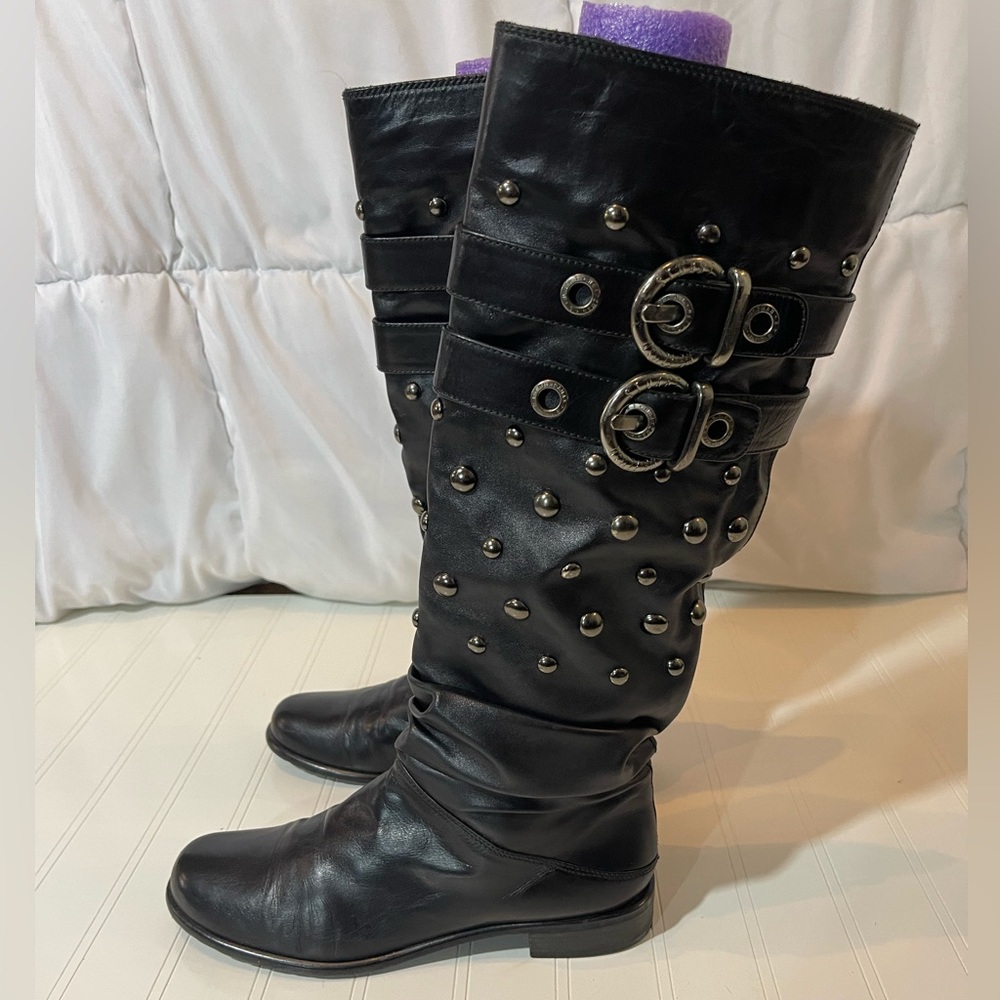 Stuart Weitzman Black Moto Biker Studded Calf Leather Boots Size 8